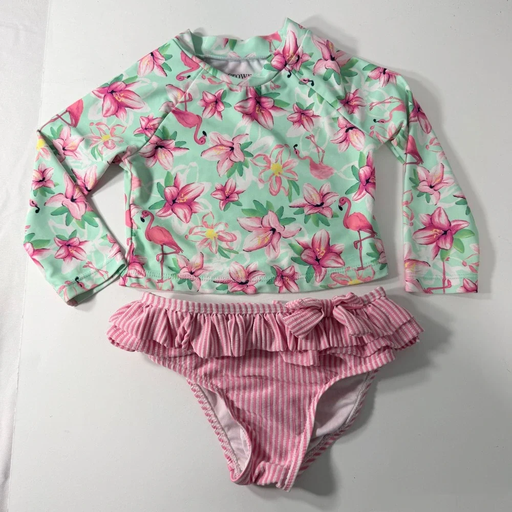 Crown & Ivy‎ Baby Girls 24M Flamingo Rash Guard Swimsuit Set Pink Mint Stripe
